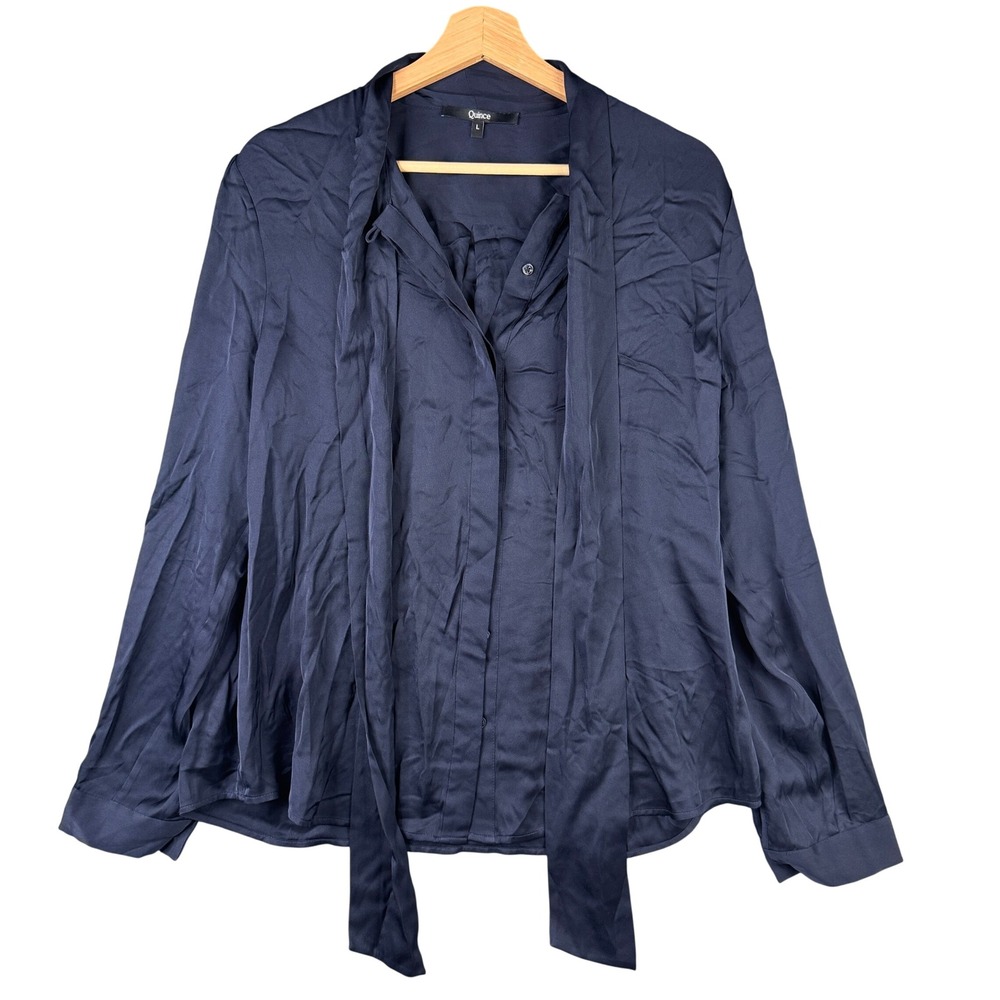 Quince Washable Silk Tie Neck Blouse Navy Blue Long Sleeve Button Front Large
